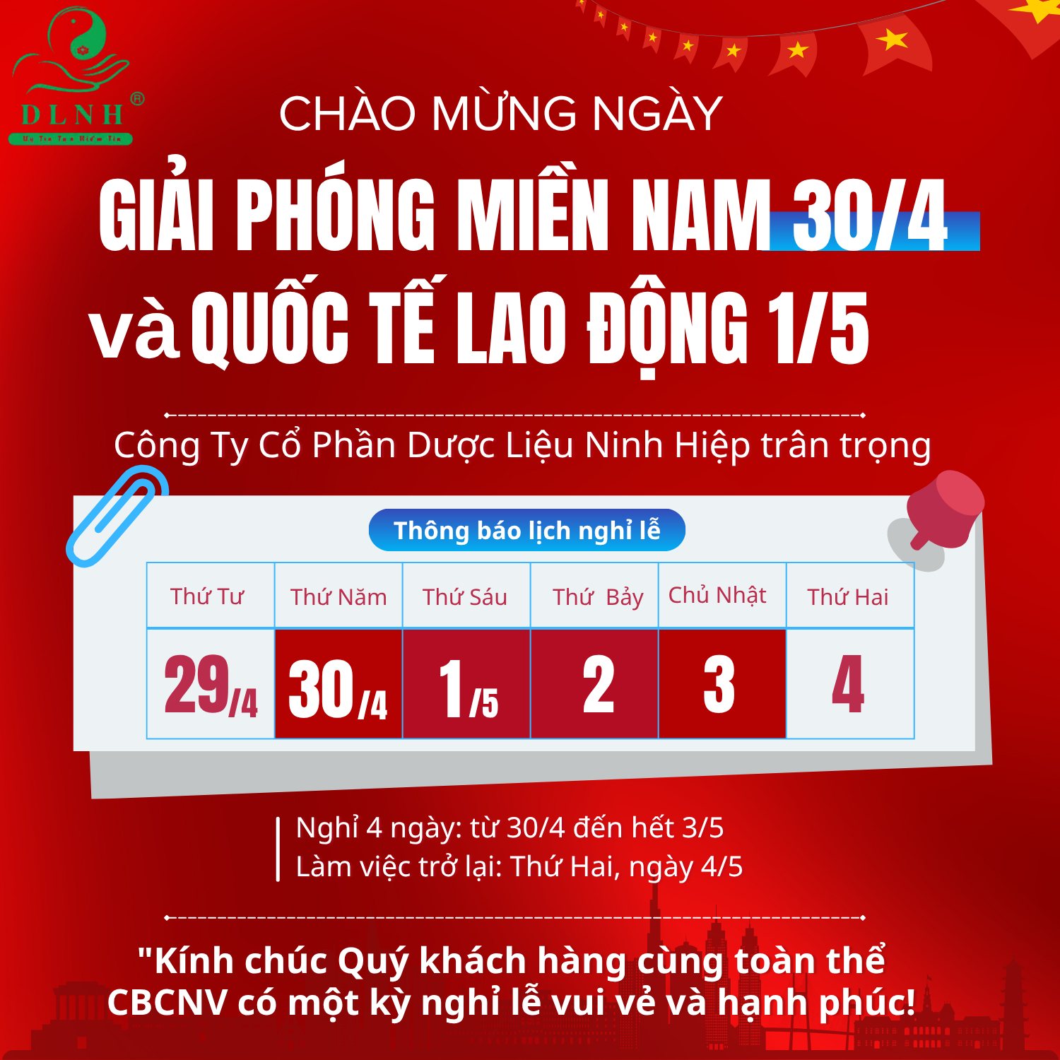 Trắng Và Xanh Đơn Giản Thông Báo Lịch Nghỉ Lễ 30 tháng 4 và mùng 1 tháng 5 Bài đăng Facebook (4)